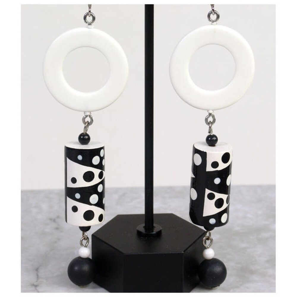 90s Groovy Retro Earrings Hand Painted 3.5" Black/White Dangle Hippie Nordstrom